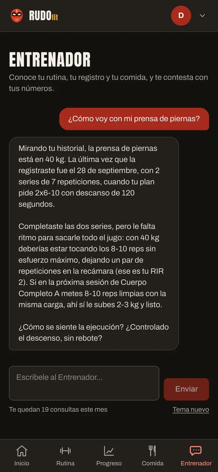 El Entrenador de RudoFit: su respuesta con tus cargas y repeticiones reales