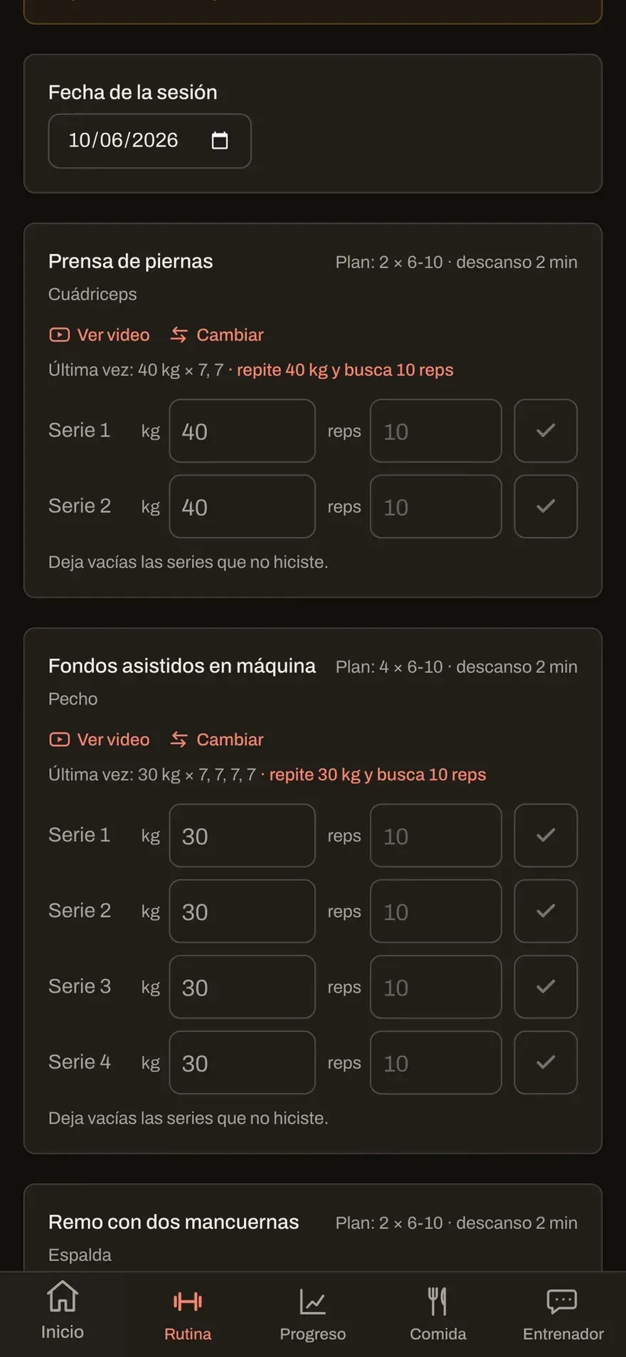 El registro de la sesión: cada serie con su peso y sus repeticiones, y la última vez arriba
