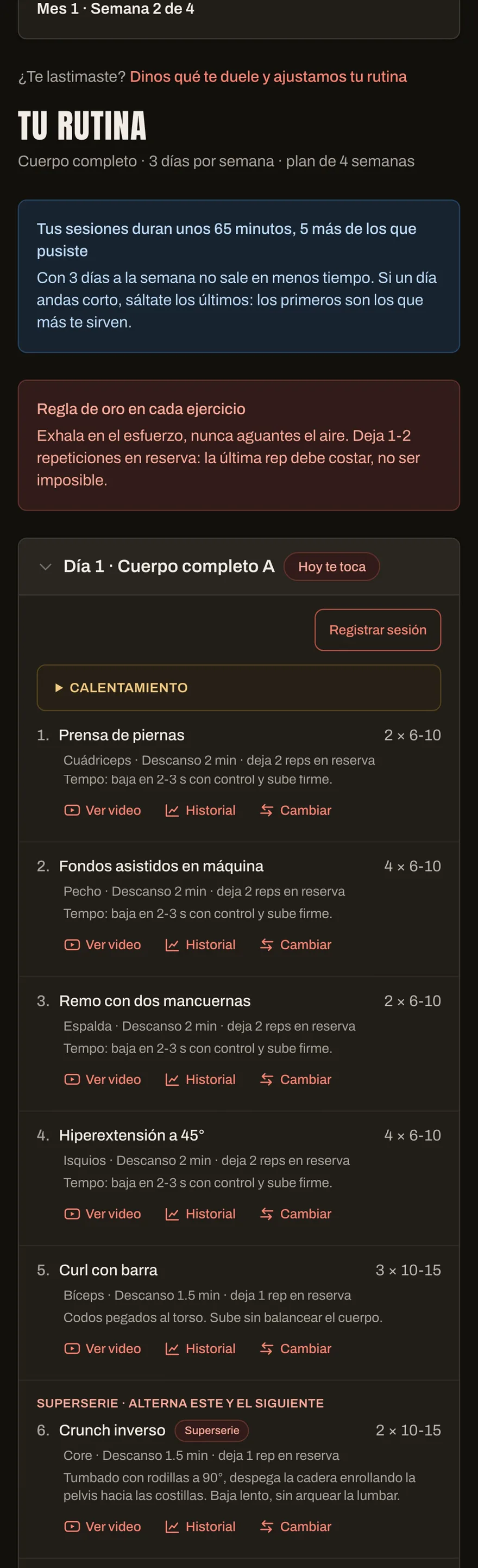 Tu rutina del día en RudoFit: ejercicios con series, repeticiones, descansos y pesos sugeridos