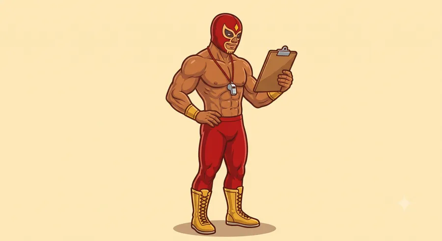 El luchador de RudoFit como coach, revisando un plan en su tabla