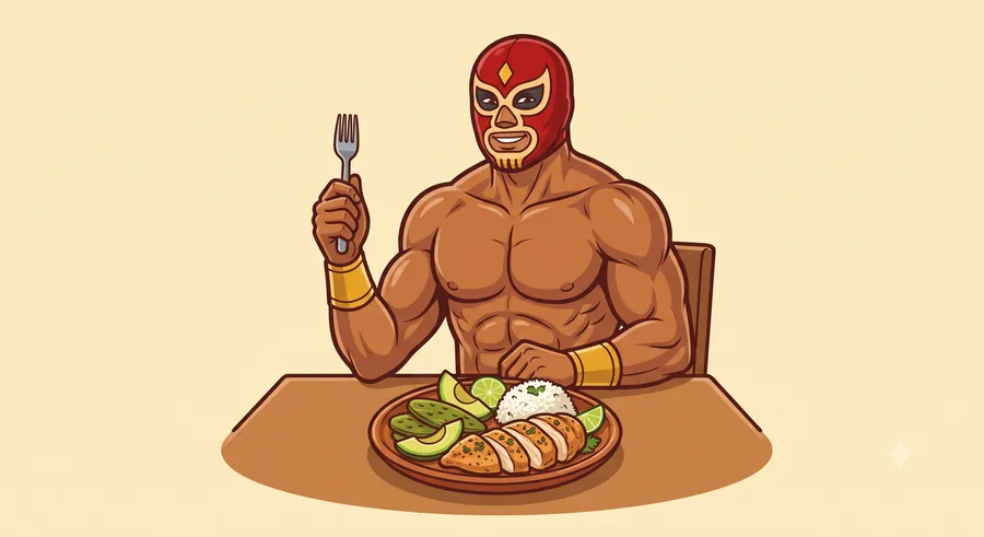 El luchador de RudoFit comiendo un plato mexicano saludable