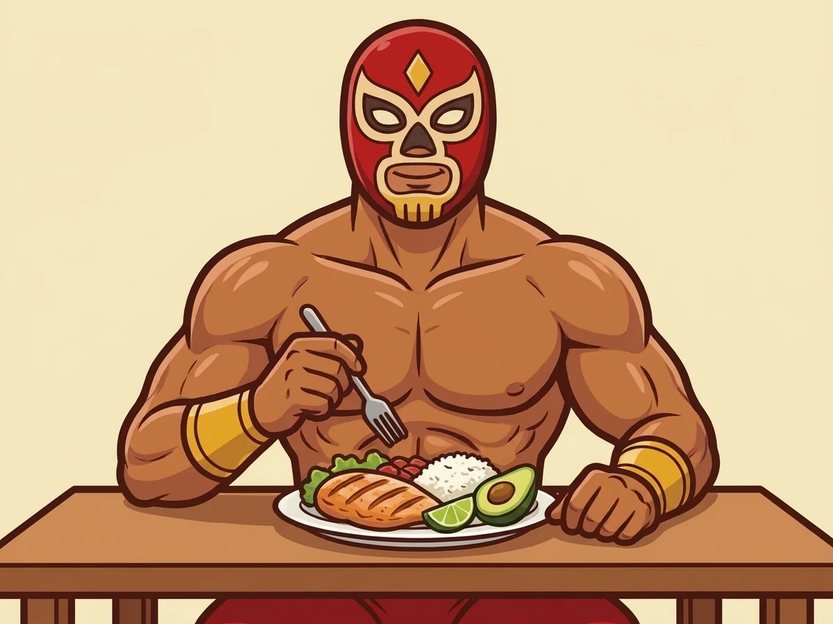 El luchador de RudoFit comiendo un plato mexicano saludable