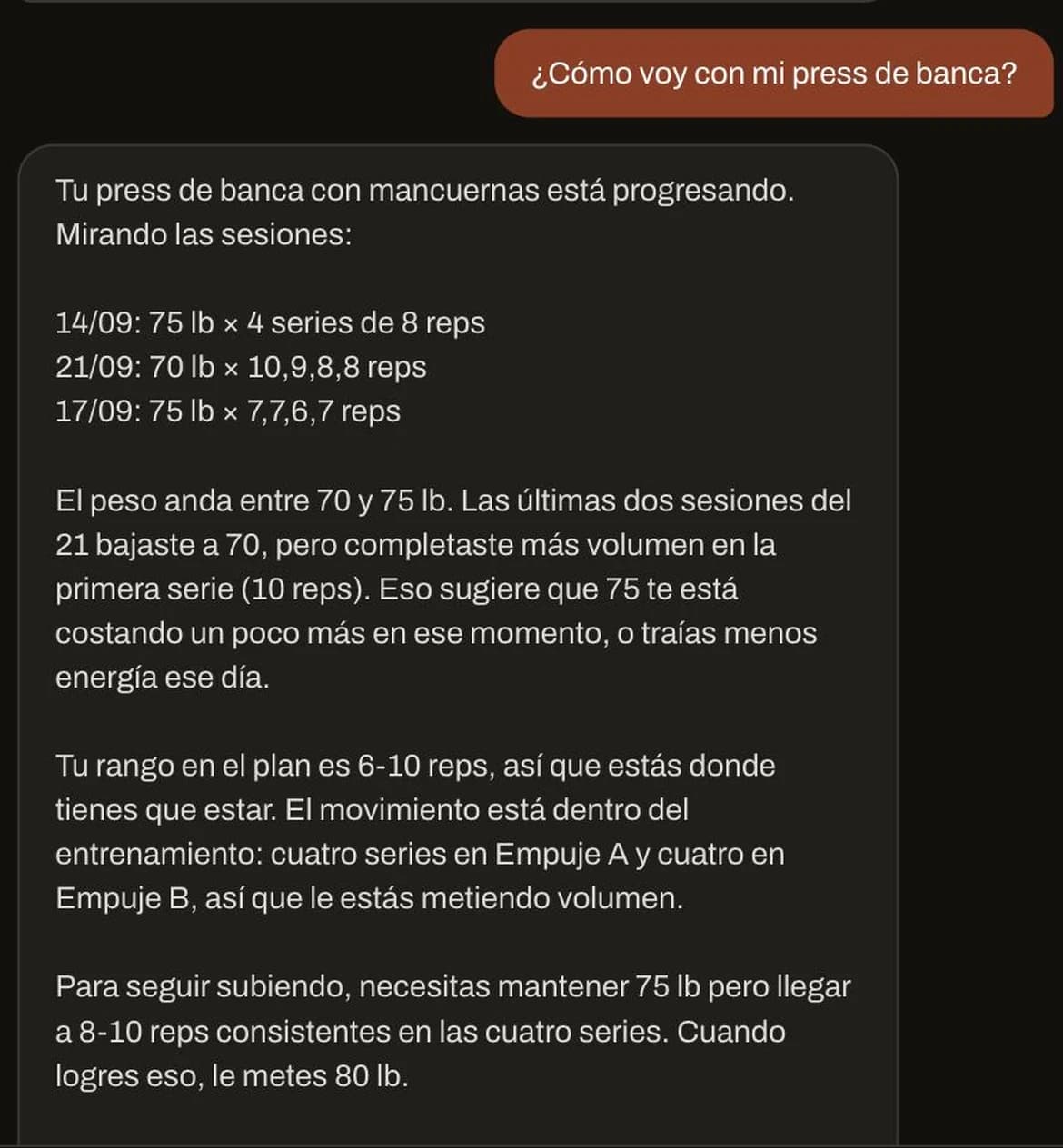 Pantalla del Entrenador: su respuesta con tus cargas y repeticiones reales