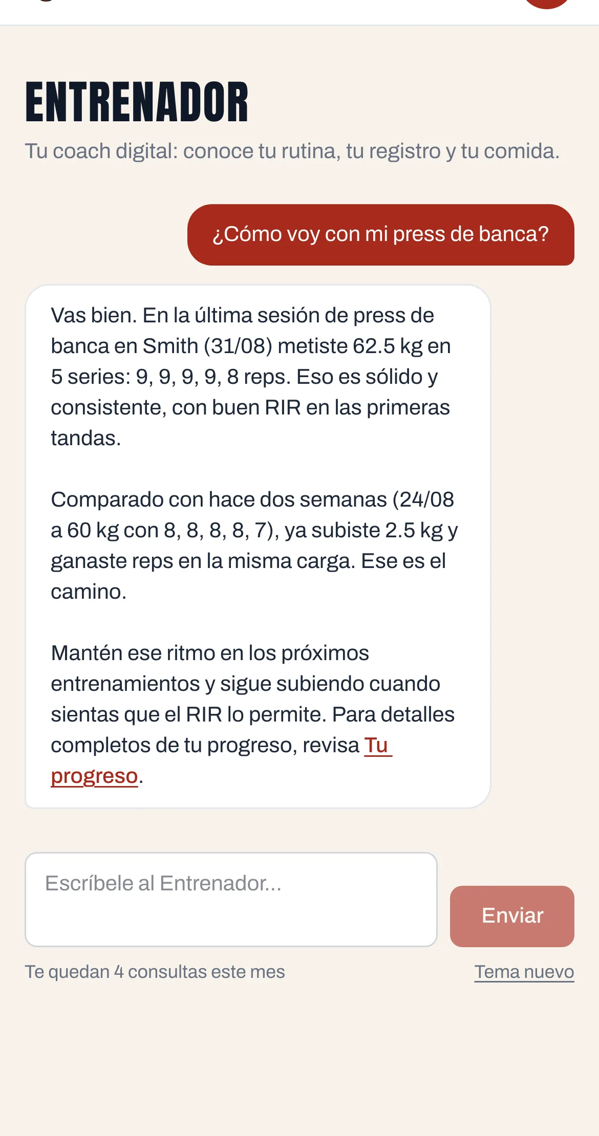 Pantalla del Entrenador: respuesta del coach con las cargas y repeticiones reales del usuario