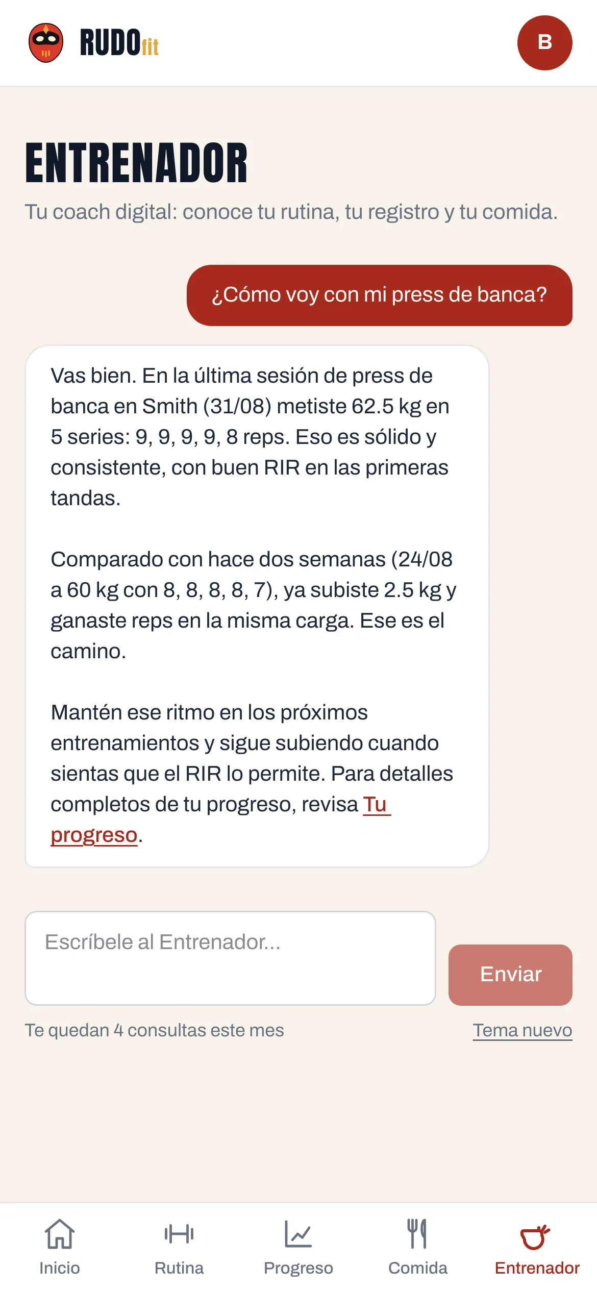 Pantalla del Entrenador: respuesta del coach con las cargas y repeticiones reales del usuario