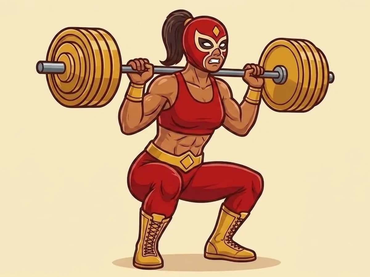 Una luchadora de RudoFit haciendo sentadilla con barra