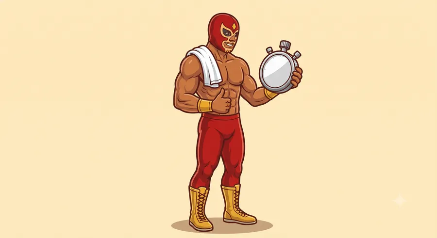 El luchador de RudoFit con una toalla al hombro, viendo un cronómetro satisfecho