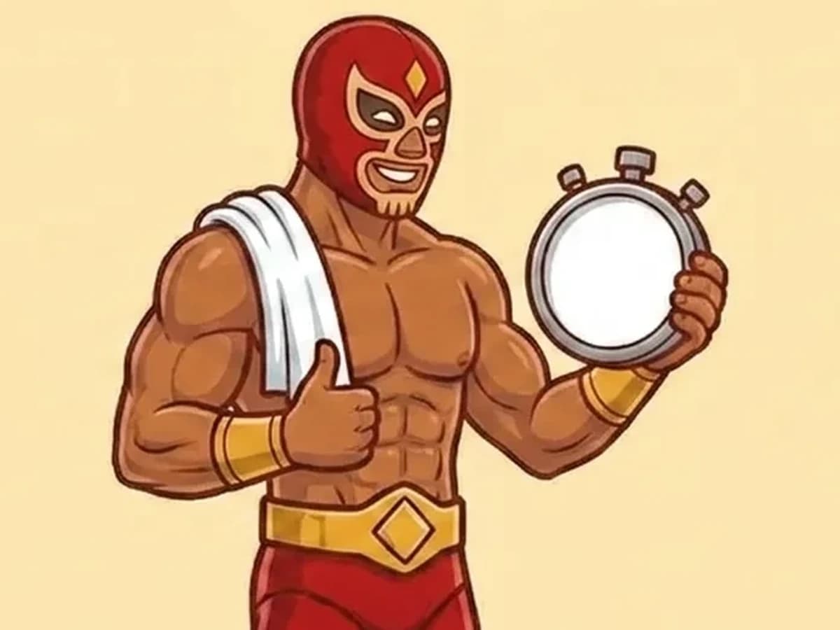 El luchador de RudoFit con una toalla al hombro, viendo un cronómetro satisfecho