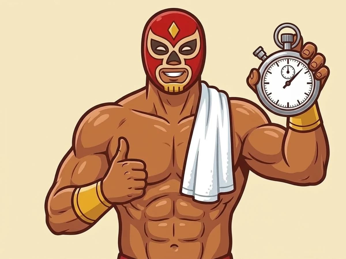 El luchador de RudoFit con una toalla al hombro, viendo un cronómetro satisfecho